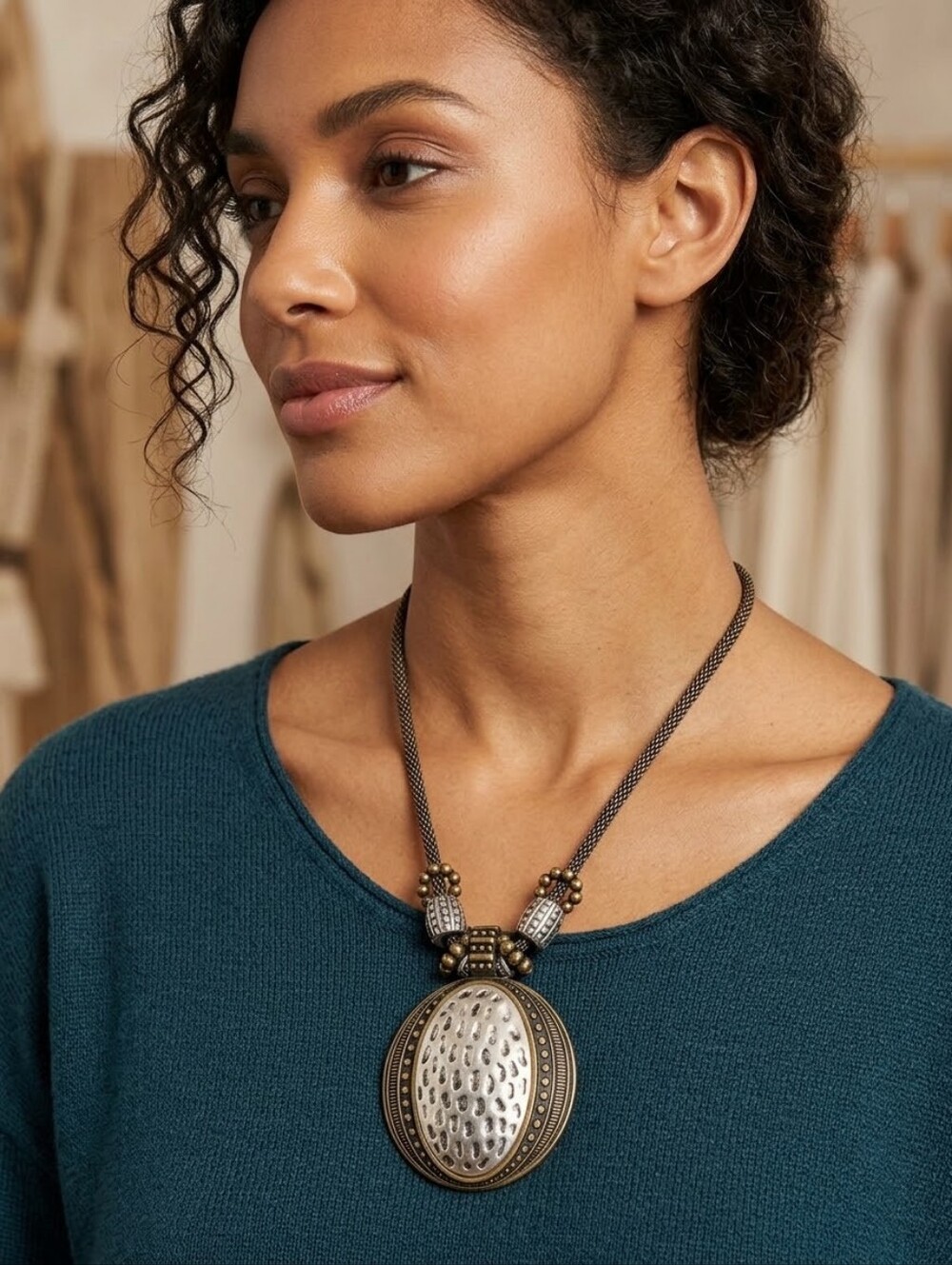 Chunky Silver Hammered Oval Pendant Necklace Antique Bronze Chain